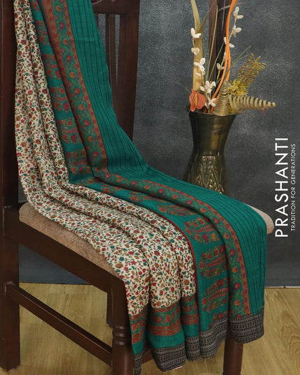 Pure Pashmina silk saree cream and teal green with allover floral prints and woven border - {{ collection.title }} by Prashanti Sarees