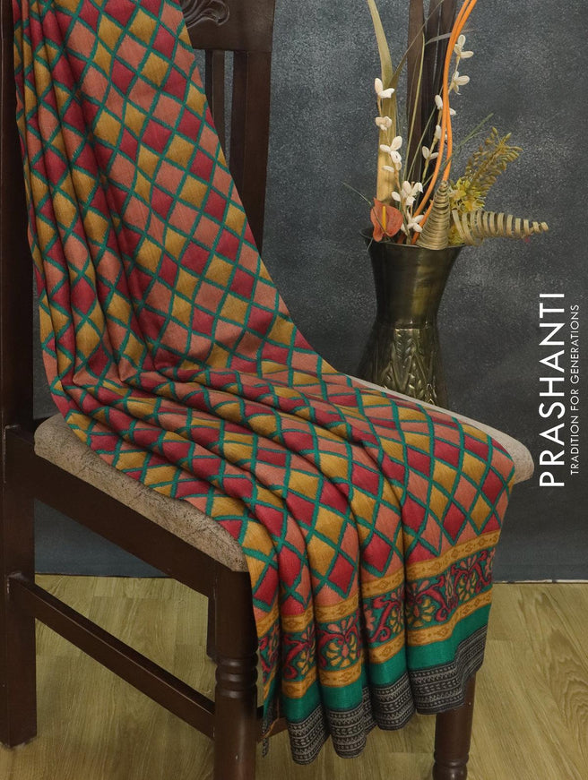 Pure Pashmina silk saree teal green and mustard shade with allover geometric prints and woven border - {{ collection.title }} by Prashanti Sarees