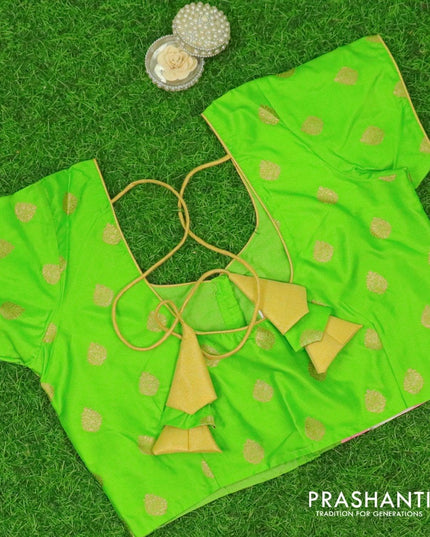 Pure silk ready made blouse parrot green with back knot and zari woven buttas - {{ collection.title }} by Prashanti Sarees