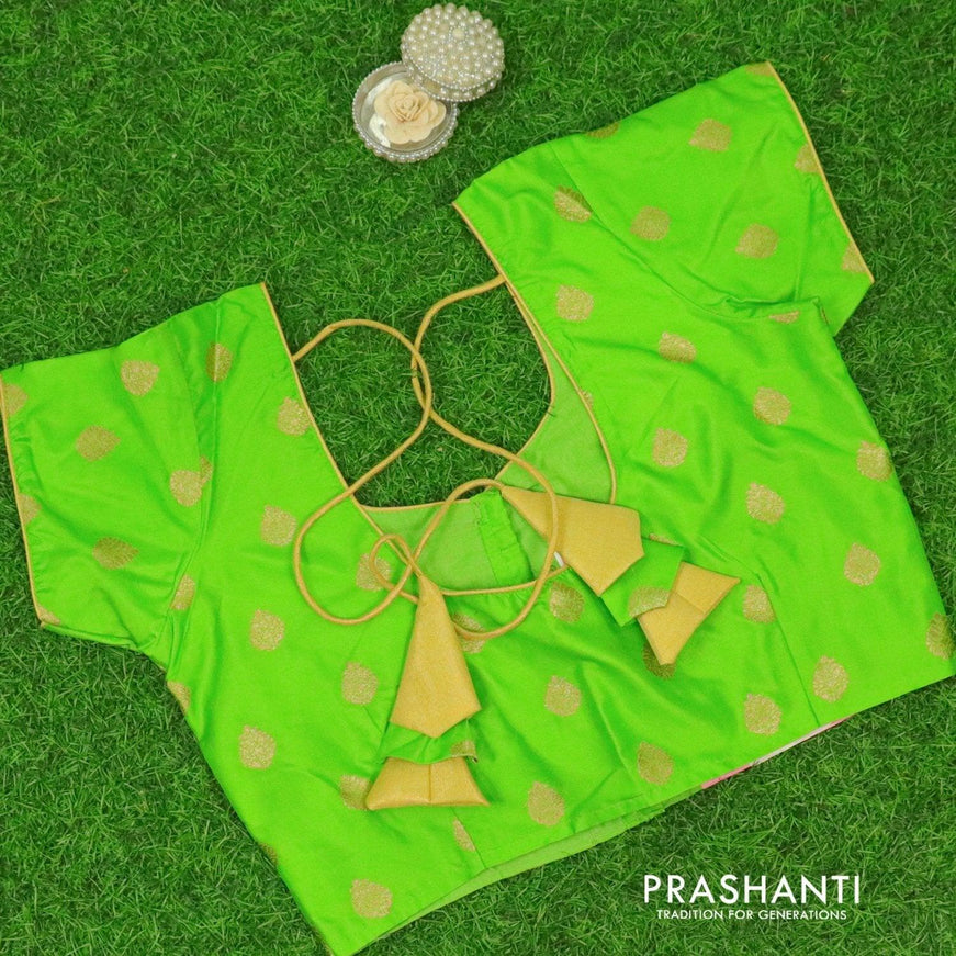 Pure silk ready made blouse parrot green with back knot and zari woven buttas - {{ collection.title }} by Prashanti Sarees