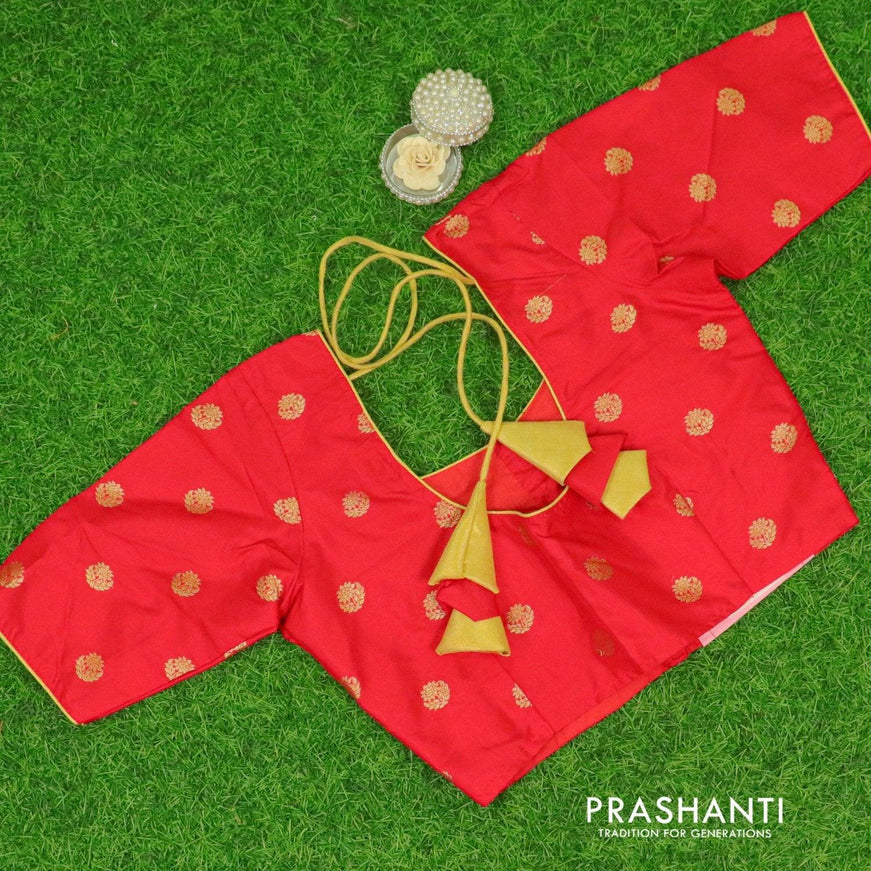 Pure silk ready made blouse red with back knot and zari woven buttas - {{ collection.title }} by Prashanti Sarees