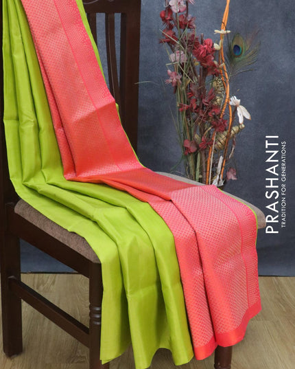 Pure soft silk saree light green and dual shade of pinkish orange with allover zari weaves in borderless style - {{ collection.title }} by Prashanti Sarees