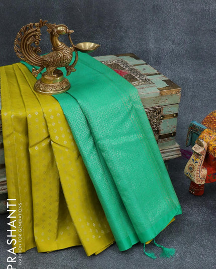 Pure soft silk saree light green and teal green with allover silver zari butta weaves in borderless style - {{ collection.title }} by Prashanti Sarees
