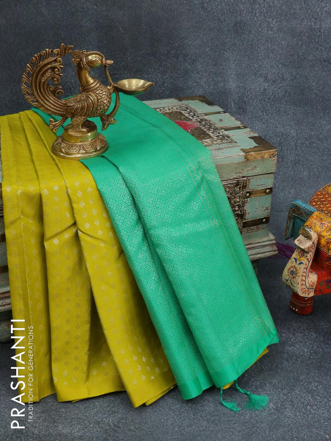 Pure soft silk saree light green and teal green with allover silver zari butta weaves in borderless style - {{ collection.title }} by Prashanti Sarees