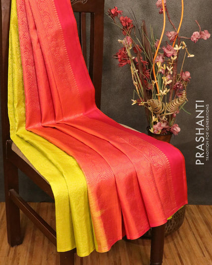 Pure soft silk saree lime green and orangish pink with allover golden zari weaves in borderless style - {{ collection.title }} by Prashanti Sarees