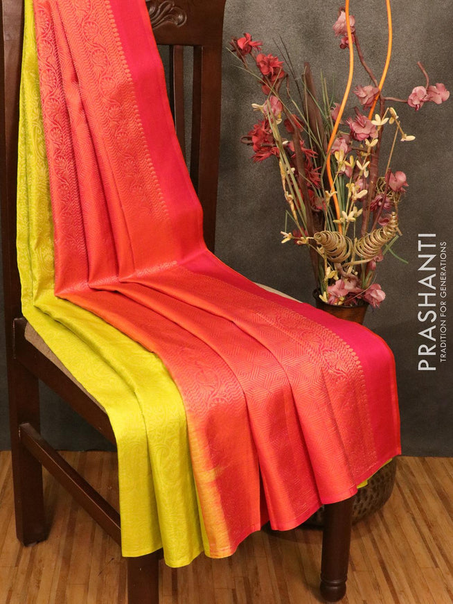 Pure soft silk saree lime green and orangish pink with allover golden zari weaves in borderless style - {{ collection.title }} by Prashanti Sarees