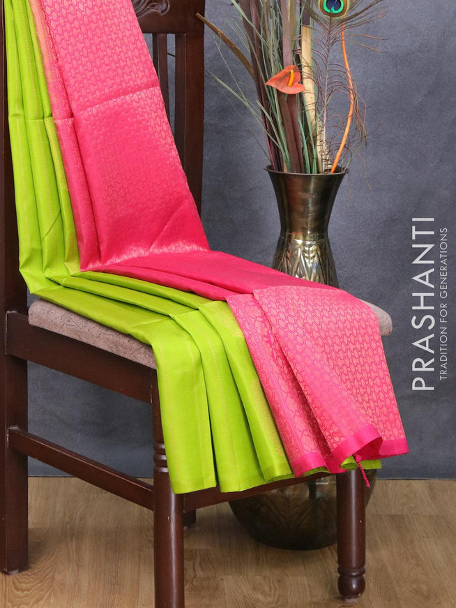 Pure soft silk saree lime green and pink with allover zari weaves in borderless style - {{ collection.title }} by Prashanti Sarees