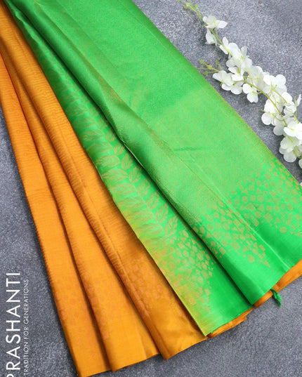 Pure soft silk saree mustard yellow and parrot green with allover copper zari woven brocade weaves in borderless style - {{ collection.title }} by Prashanti Sarees
