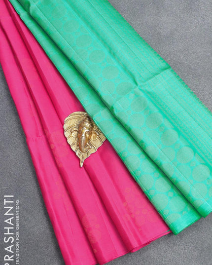 Pure soft silk saree pink and teal blue with copper zari woven buttas in borderless style - {{ collection.title }} by Prashanti Sarees