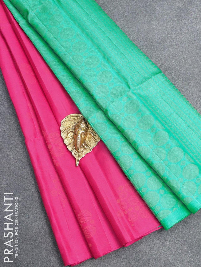 Pure soft silk saree pink and teal blue with copper zari woven buttas in borderless style - {{ collection.title }} by Prashanti Sarees