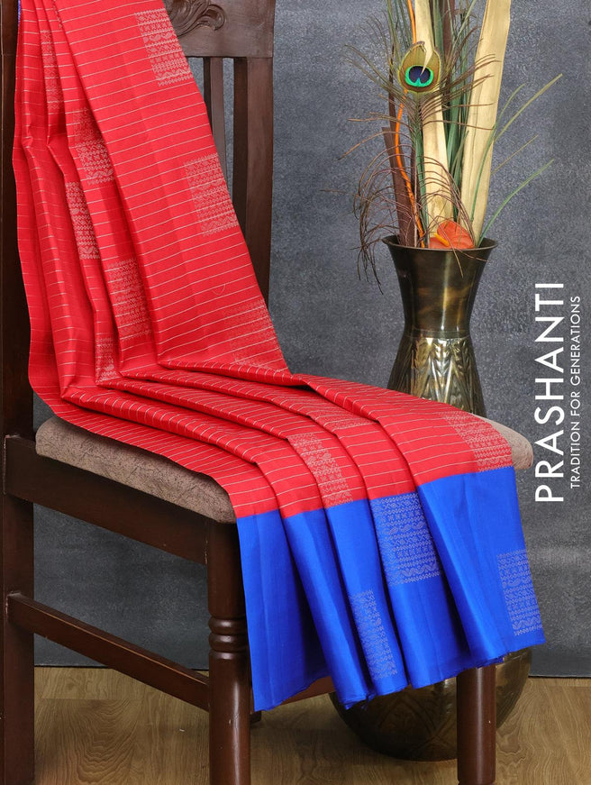 Pure soft silk saree red and blue with allover silver zari stripes floral buttas and silver zari woven butta border - {{ collection.title }} by Prashanti Sarees