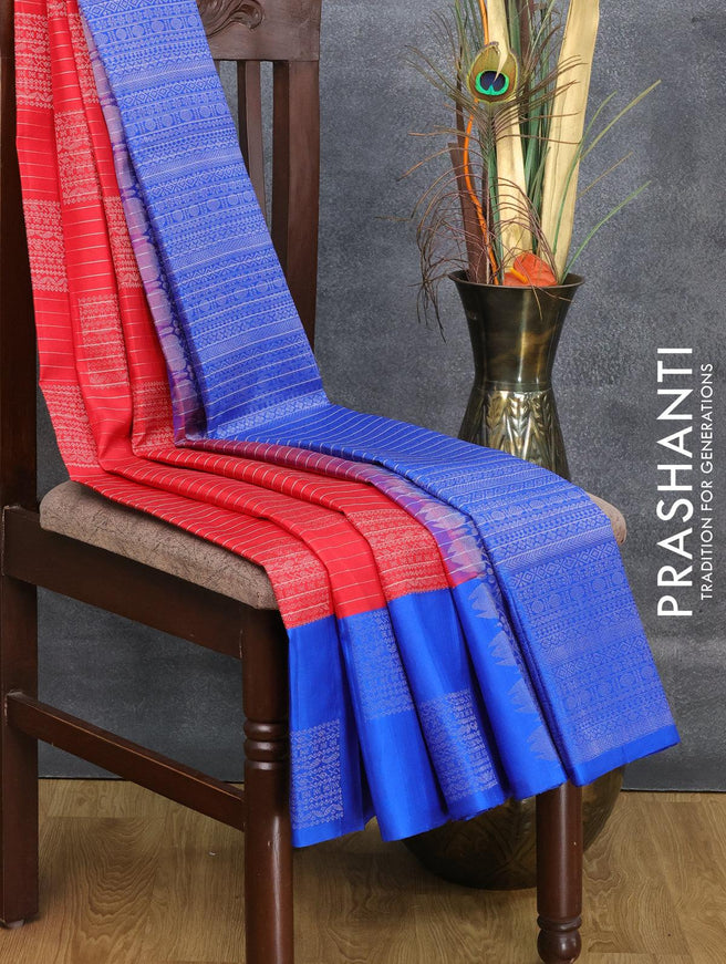 Pure soft silk saree red and blue with allover silver zari stripes floral buttas and silver zari woven butta border - {{ collection.title }} by Prashanti Sarees