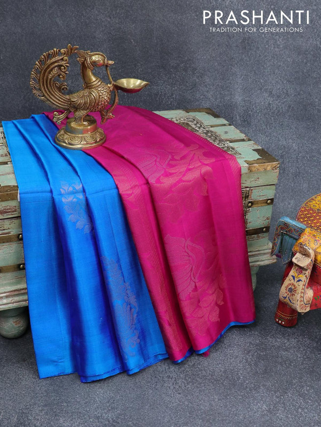 Pure soft silk saree royal blue and pink with silver & copper zari woven buttas in borderless style - {{ collection.title }} by Prashanti Sarees