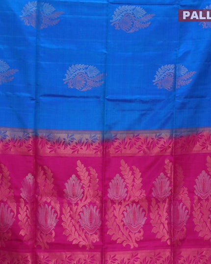 Pure soft silk saree royal blue and pink with silver & copper zari woven buttas in borderless style - {{ collection.title }} by Prashanti Sarees