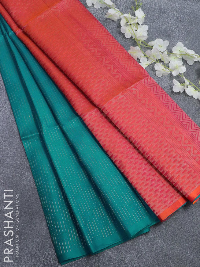 Pure soft silk saree teal blue and dual shade of pinkish orange with allover zari weaves in borderless style - {{ collection.title }} by Prashanti Sarees