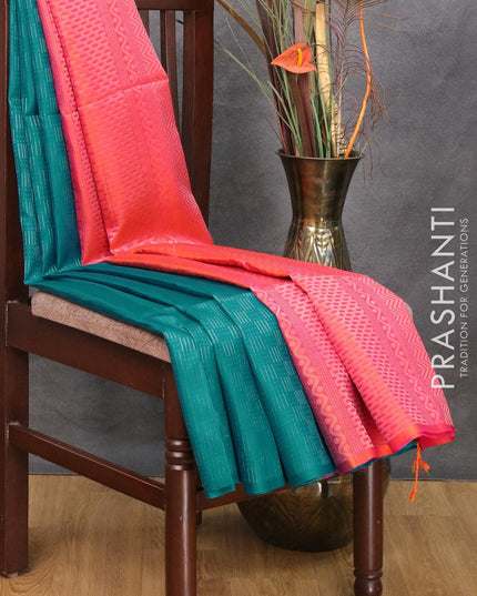 Pure soft silk saree teal blue and dual shade of pinkish orange with allover zari weaves in borderless style - {{ collection.title }} by Prashanti Sarees