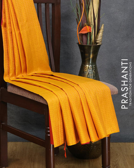 Pure soft silk saree yellow and dual shade of pinkish orange with allover zari woven geometric zari weaves in borderless style - {{ collection.title }} by Prashanti Sarees