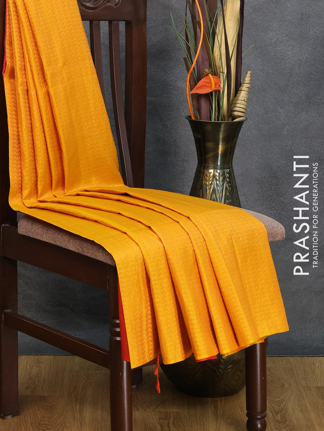 Pure soft silk saree yellow and dual shade of pinkish orange with allover zari woven geometric zari weaves in borderless style - {{ collection.title }} by Prashanti Sarees