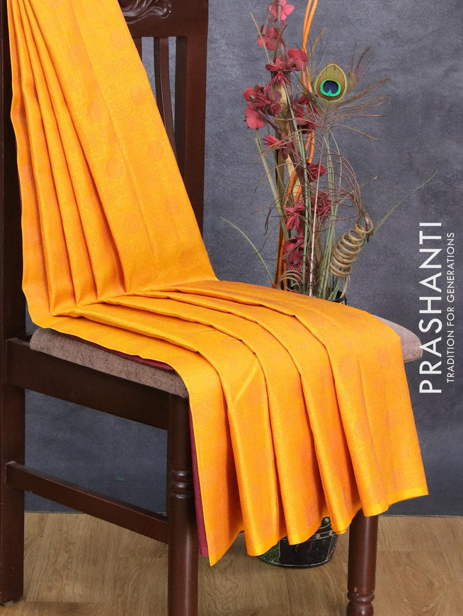 Pure soft silk saree yellow and pastel pink with allover thread & zari weaves in borderless style - {{ collection.title }} by Prashanti Sarees