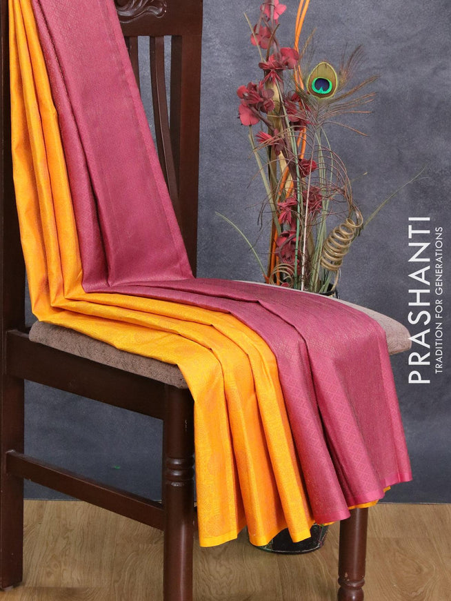 Pure soft silk saree yellow and pastel pink with allover thread & zari weaves in borderless style - {{ collection.title }} by Prashanti Sarees