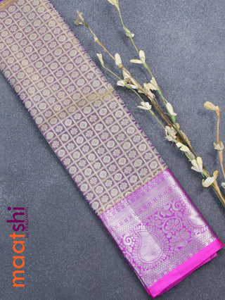 Pure tissue silk kids lehenga dual shade of blue and pink with allover zari checked weaves and silver zari woven paisley border - for 0 to 2 years