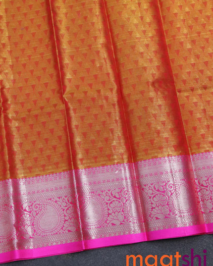 Pure tissue silk kids lehenga dual shade of gold and pink with allover zari checked weaves and silver zari woven paisley border - for 0 to 2 years - {{ collection.title }} by Prashanti Sarees