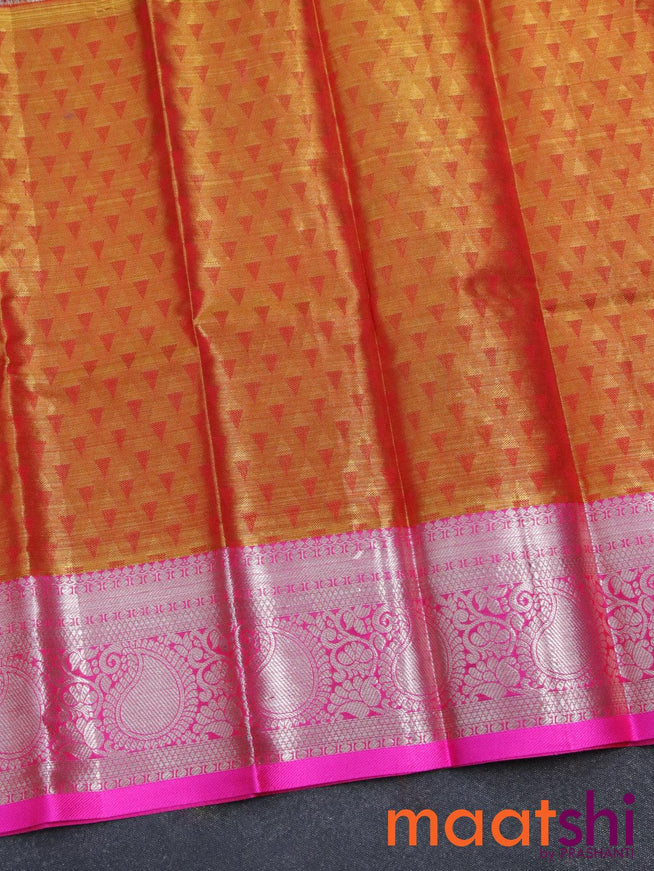 Pure tissue silk kids lehenga dual shade of gold and pink with allover zari checked weaves and silver zari woven paisley border - for 0 to 2 years - {{ collection.title }} by Prashanti Sarees