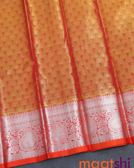 Pure tissue silk kids lehenga dual shade of orange and orange with allover zari checked weaves and silver zari woven paisley border - for 0 to 2 years - {{ collection.title }} by Prashanti Sarees