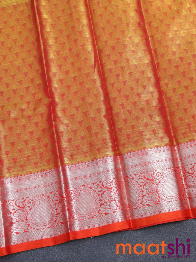 Pure tissue silk kids lehenga dual shade of orange and orange with allover zari checked weaves and silver zari woven paisley border - for 0 to 2 years - {{ collection.title }} by Prashanti Sarees