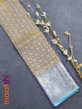 Pure tissue silk kids lehenga dual shade of violet and light blue with allover silver zari checked weaves and silver zari woven paisley border - for 0 to 2 years