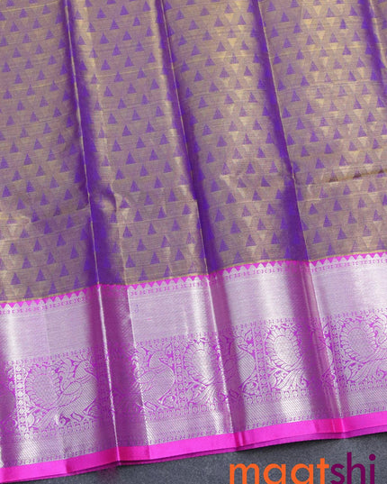 Pure tissue silk kids lehenga dual shade of violet and pink with allover silver zari woven floral buttas and silver zari woven annam border - for 0 to 2 years - {{ collection.title }} by Prashanti Sarees