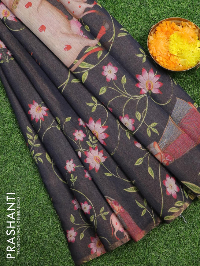 Pure tissue silk saree dark grey with allover pichwai prints and small zari woven piping border - {{ collection.title }} by Prashanti Sarees