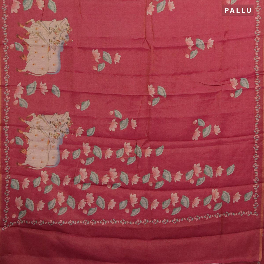 Pure tissue silk saree dark pink with pichwai prints and small zari woven piping border - {{ collection.title }} by Prashanti Sarees