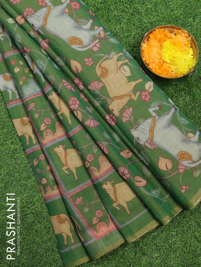 Pure tissue silk saree green with allover pichwai prints and small zari woven piping border - {{ collection.title }} by Prashanti Sarees