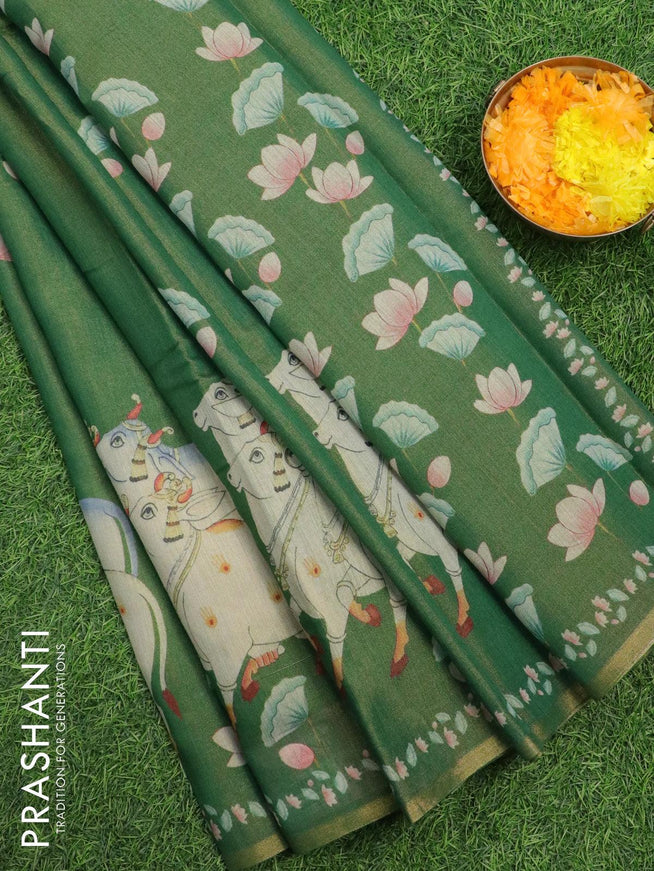 Pure tissue silk saree green with pichwai prints and small zari woven piping border - {{ collection.title }} by Prashanti Sarees