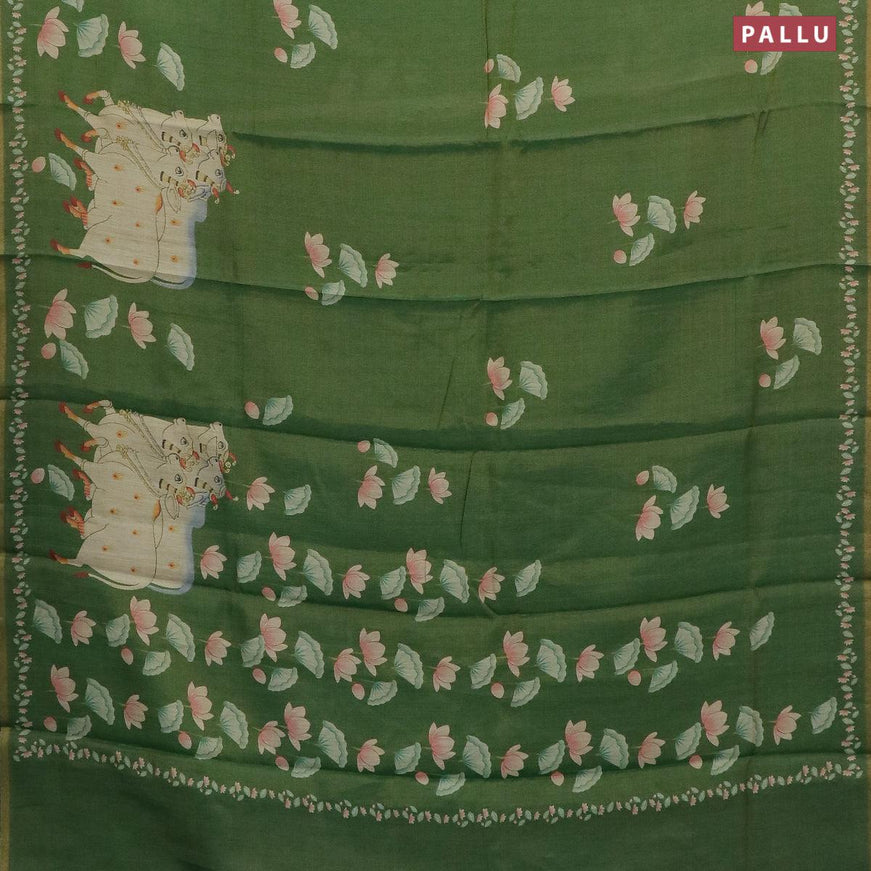 Pure tissue silk saree green with pichwai prints and small zari woven piping border - {{ collection.title }} by Prashanti Sarees