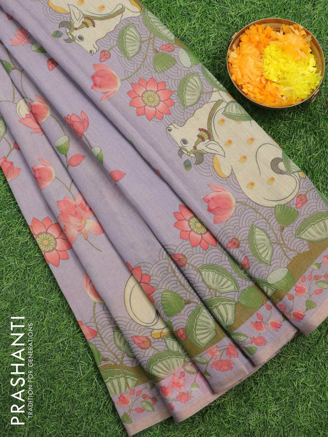Pure tissue silk saree grey with allover pichwai prints and small zari woven piping border - {{ collection.title }} by Prashanti Sarees