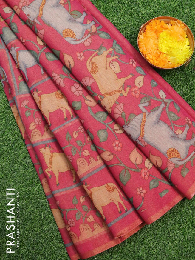 Pure tissue silk saree magenta pink with allover pichwai prints and small zari woven piping border - {{ collection.title }} by Prashanti Sarees