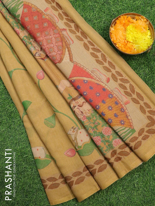Pure tissue silk saree mustard yellow with allover pichwai prints and small zari woven piping border - {{ collection.title }} by Prashanti Sarees