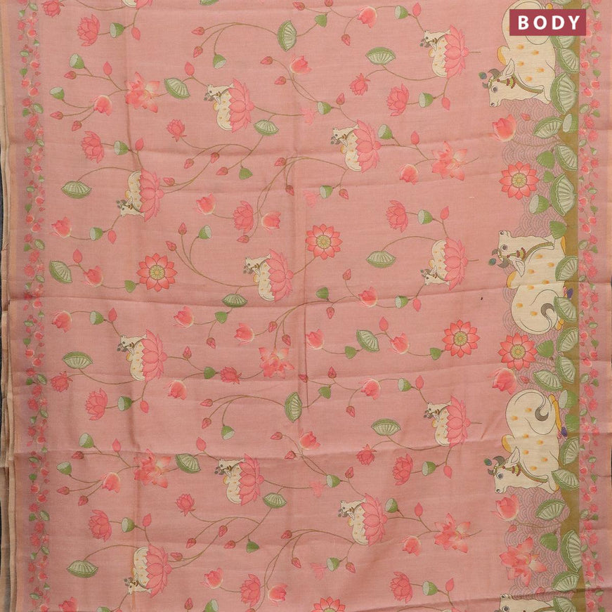 Pure tissue silk saree pastel peach with allover pichwai prints and small zari woven piping border - {{ collection.title }} by Prashanti Sarees