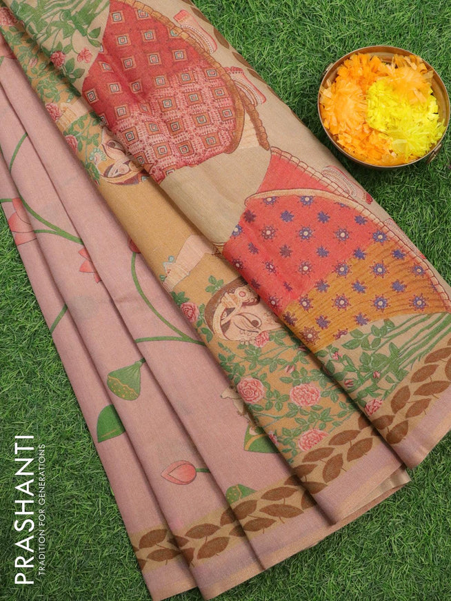 Pure tissue silk saree pastel pink with allover pichwai prints and small zari woven piping border - {{ collection.title }} by Prashanti Sarees