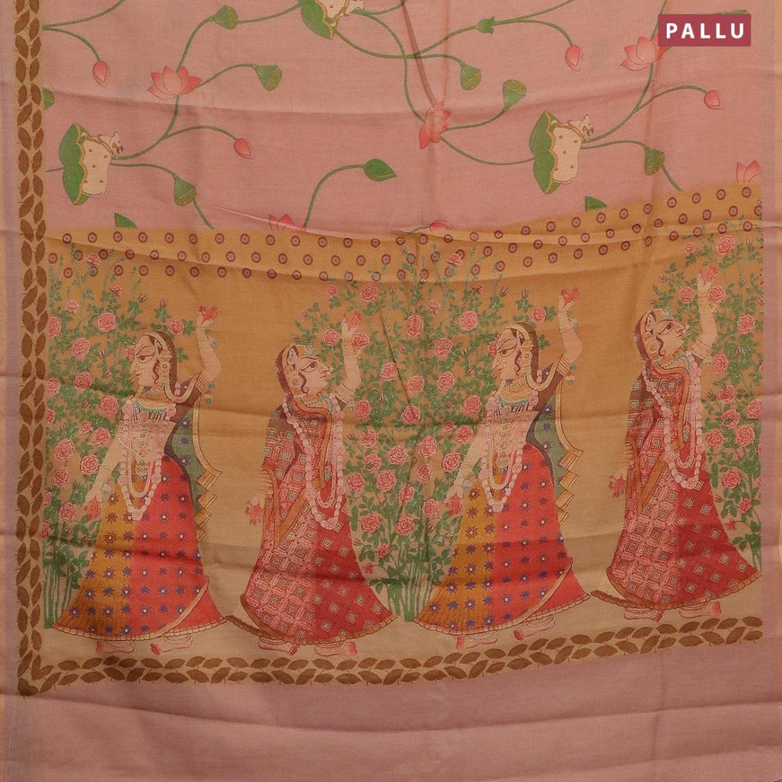 Pure tissue silk saree pastel pink with allover pichwai prints and small zari woven piping border - {{ collection.title }} by Prashanti Sarees