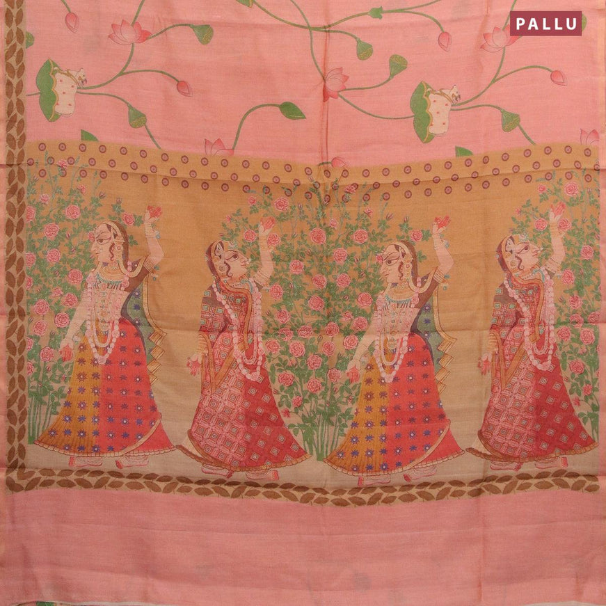 Pure tissue silk saree peach shade with allover pichwai prints and small zari woven piping border - {{ collection.title }} by Prashanti Sarees