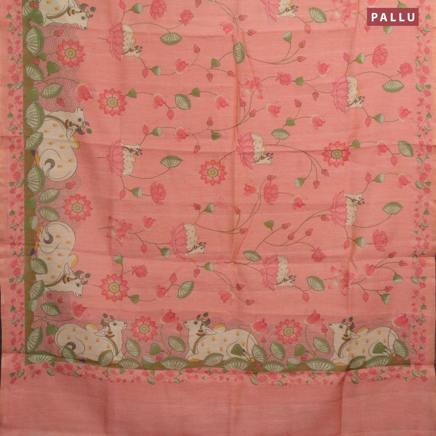 Pure tissue silk saree peach shade with allover pichwai prints and small zari woven piping border - {{ collection.title }} by Prashanti Sarees