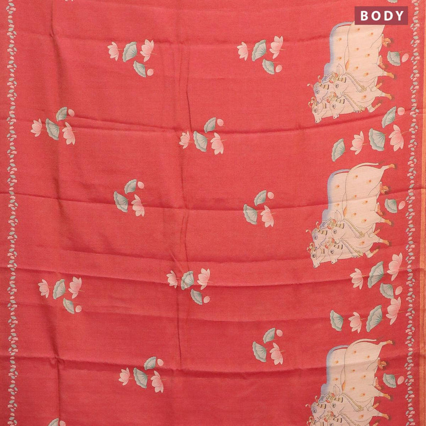 Pure tissue silk saree pink shade with pichwai prints and small zari woven piping border - {{ collection.title }} by Prashanti Sarees