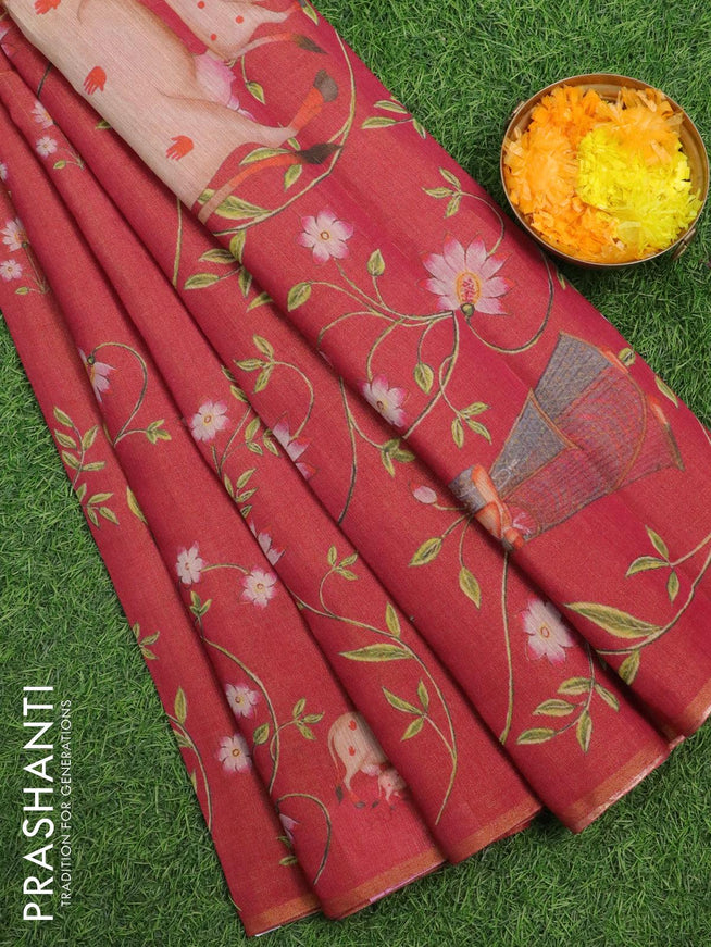 Pure tissue silk saree pink with allover pichwai prints and small zari woven piping border - {{ collection.title }} by Prashanti Sarees