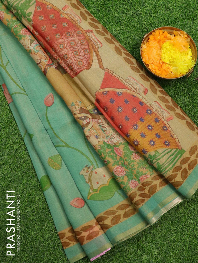 Pure tissue silk saree teal blue with allover pichwai prints and small zari woven piping border - {{ collection.title }} by Prashanti Sarees
