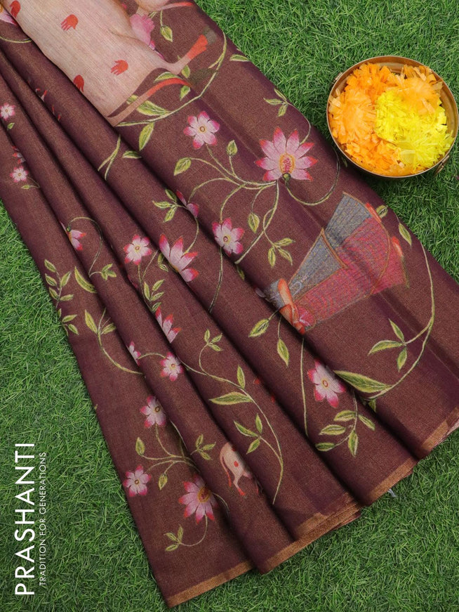 Pure tissue silk saree wine shade with allover pichwai prints and small zari woven piping border - {{ collection.title }} by Prashanti Sarees