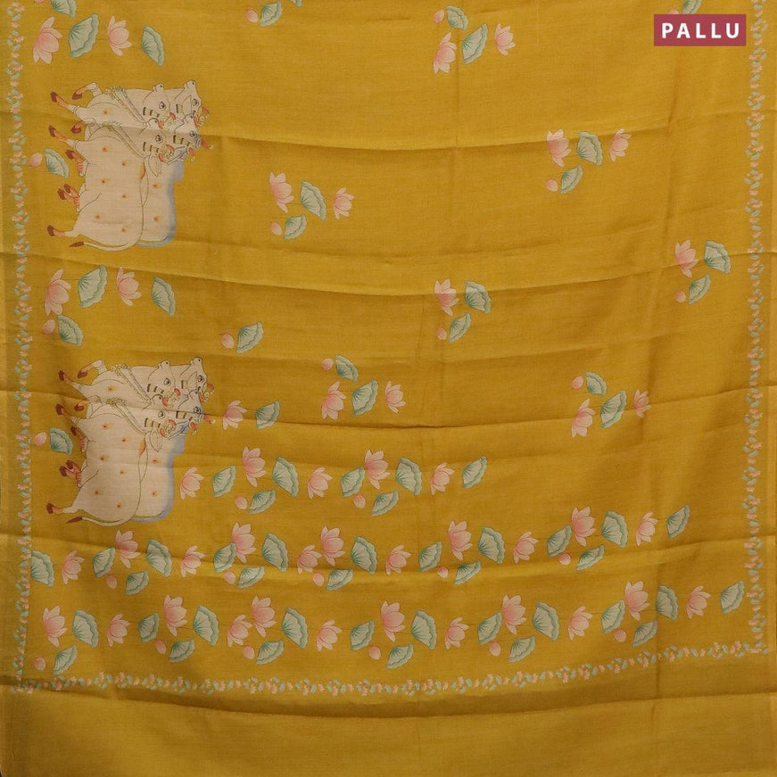Pure tissue silk saree yellow with pichwai prints and small zari woven piping border - {{ collection.title }} by Prashanti Sarees