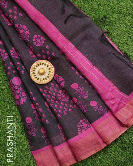 Pure tussar georgette saree black and purple with allover floral prints and zari woven border - {{ collection.title }} by Prashanti Sarees